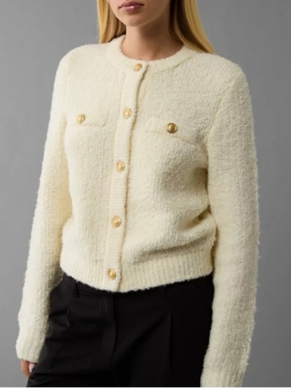 American Eagle Cardigan Women’s M Bouclé Lady Jacket Cream Gold Crest Buttons